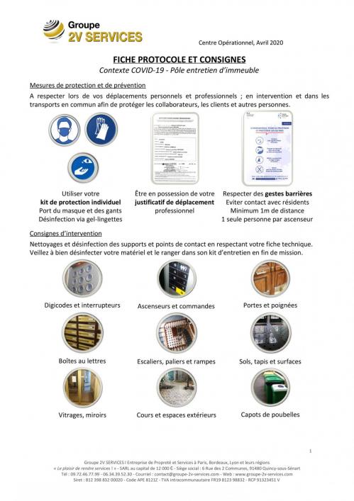 2V SERVICES : Protocole, mesures de prévention et consignes d'intervention (pôle entretien d'immeuble) dans le contexte de crise sanitaire de Coronavirus COVID-19